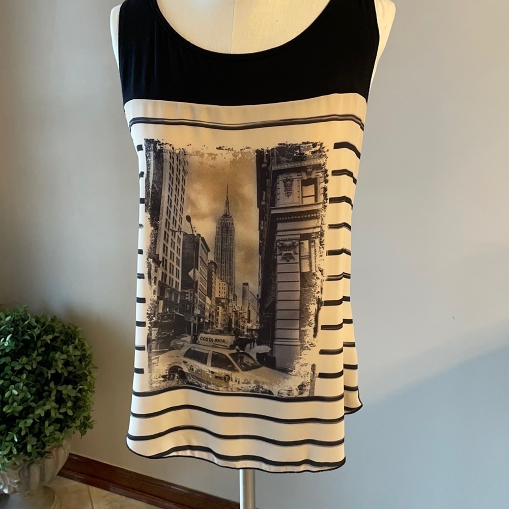 City scene striped tank, drape front, stretch back black tan graphics S / M